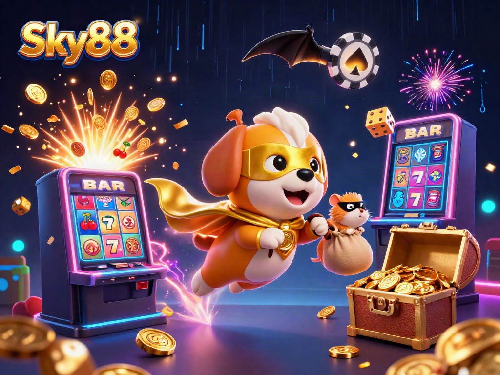 Sky88 casino-themed illustration featuring a superhero dog and sidekick flying amidst slot machines and gold coins.