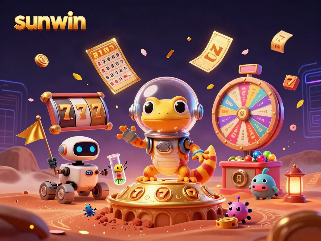 Engaging scene of a gecko exploring the sunwin casino, with dynamic lottery activities and vibrant details.