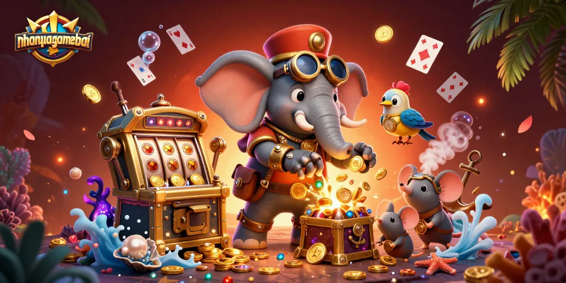 Engage in thrilling gambling at nhanquagamebai with a vibrant steampunk illustration featuring a golden slot machine and animated characters.