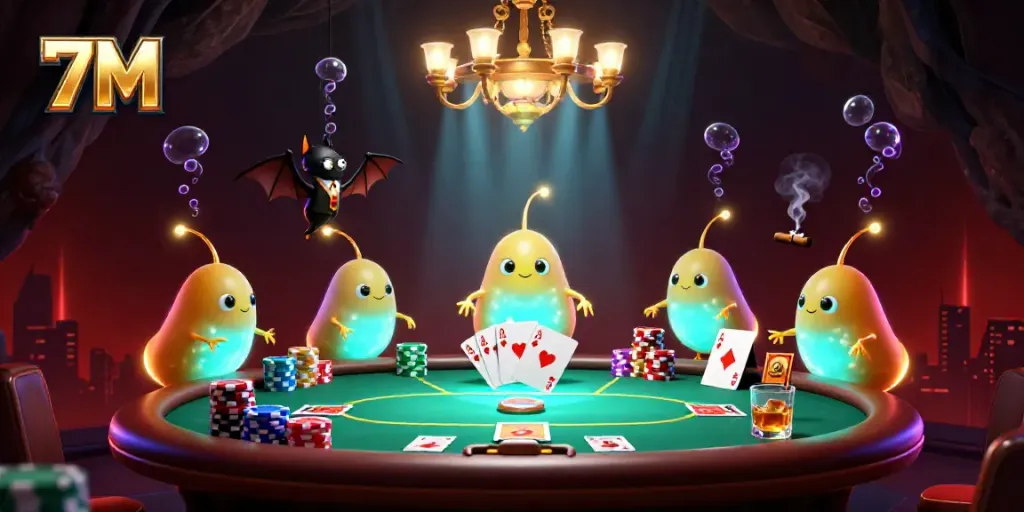Experience thrilling poker action at 7M with glowing glowworms in a dynamic casino scene.