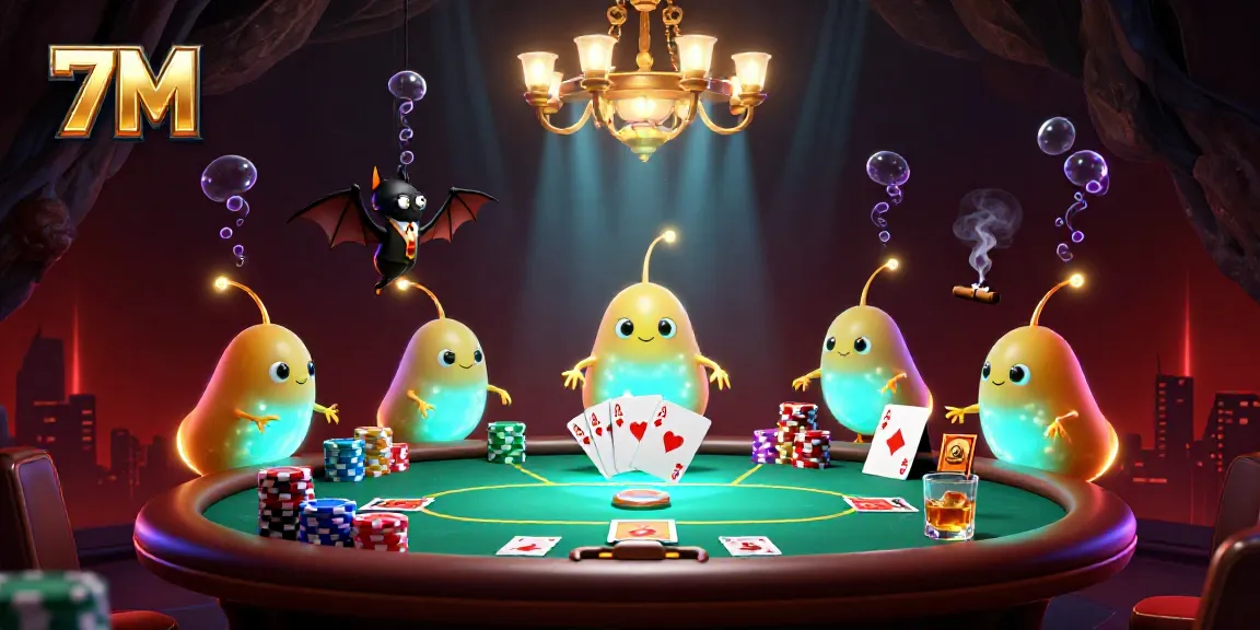 Experience thrilling poker action at 7M with glowing glowworms in a dynamic casino scene.