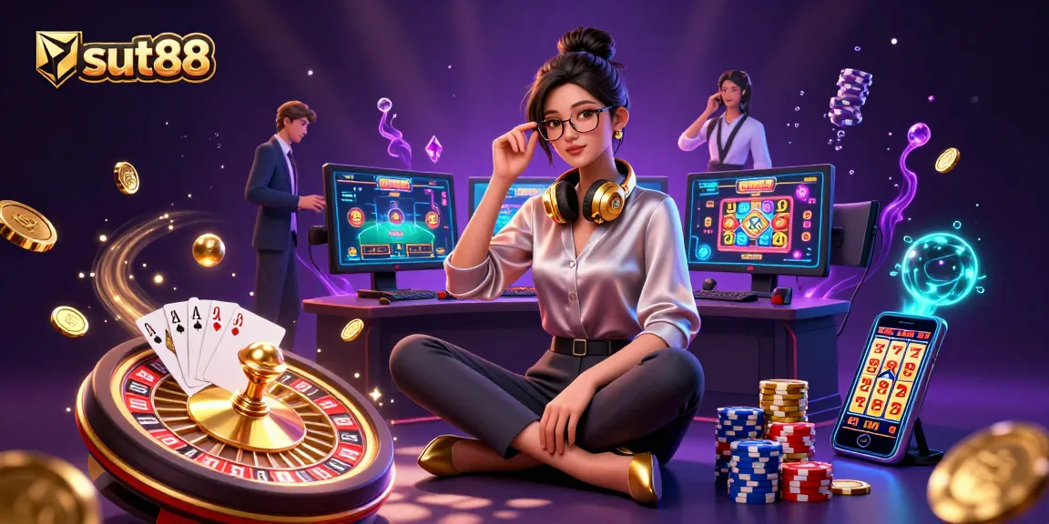 Sut88 gaming illustration showcasing immersive casino experience with vibrant colors and action elements.