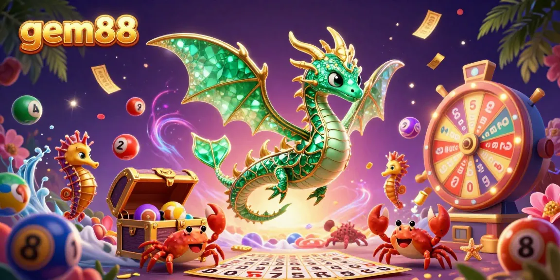 Win exciting prizes with gem88 in this vibrant 3D illustration of a magical treasure hunt.