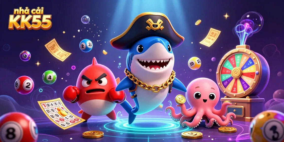 Experience the excitement of nhà cái KK55 with a vibrant 3D casino scene featuring a shark, pufferfish, and octopus.