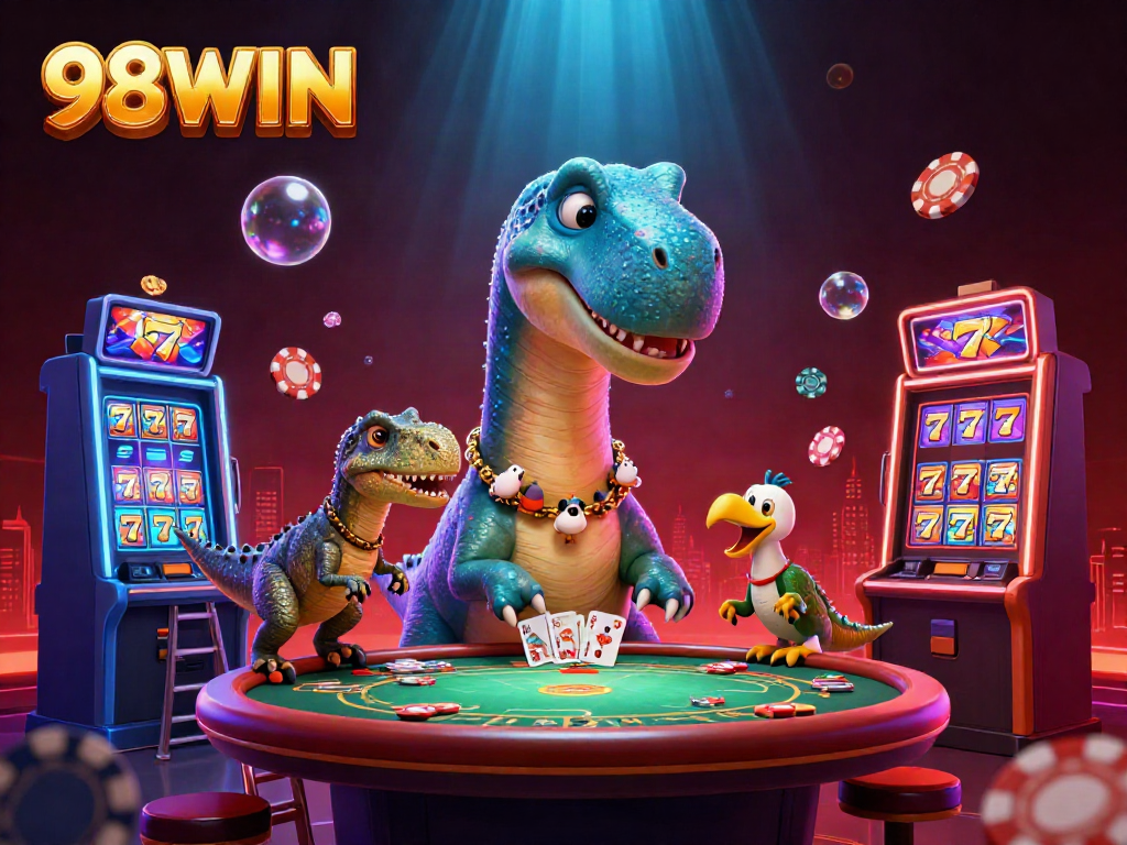 Experience the world of 98WIN as a towering brontosaurus joins lively casino games in vibrant 3D.
