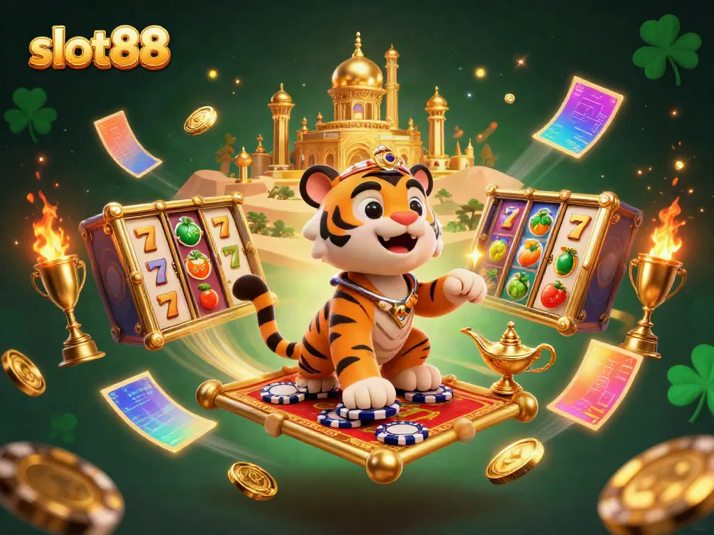 Experience the thrill of slot88 with a vibrant 3D illustration of a tiger sultan and jackpot elements.