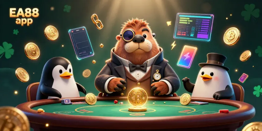 Experience the thrilling EA88 app at an underwater poker table with dynamic 3D characters, colorful coins, and vibrant details.