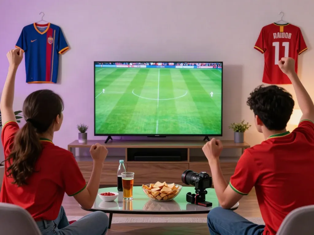 Fans enjoying a live football match on Gavangtv in a cozy living room.