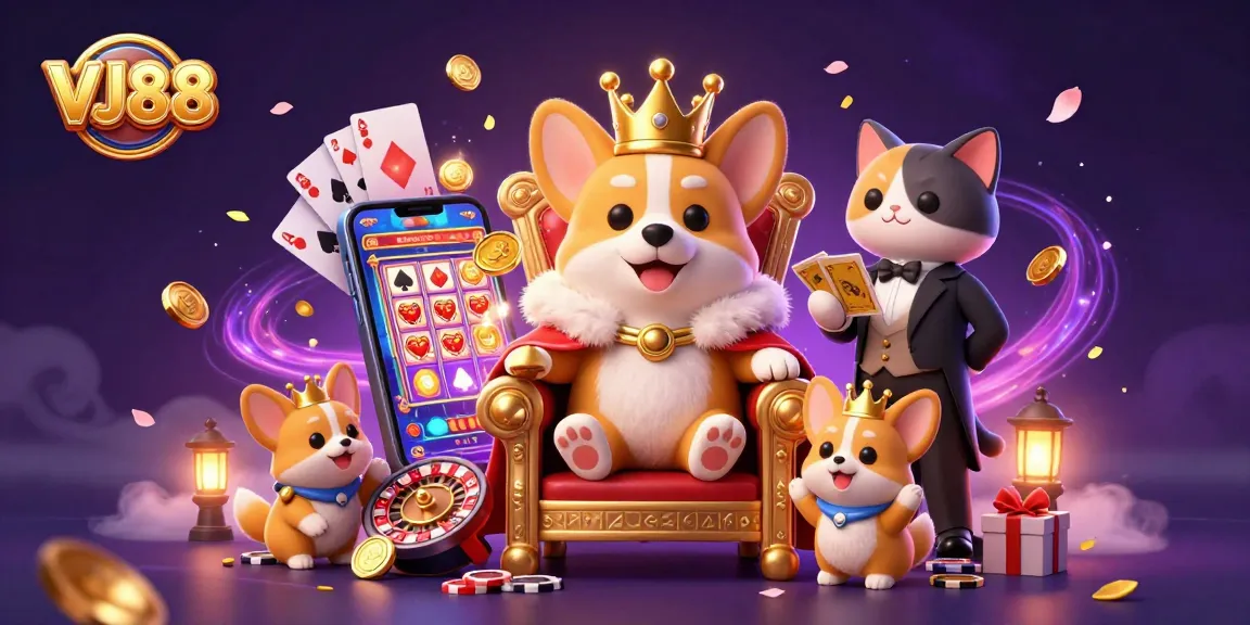 Engage in thrilling gameplay at VJ88 with a royal corgi and its cat butler in this vibrant casino scene.