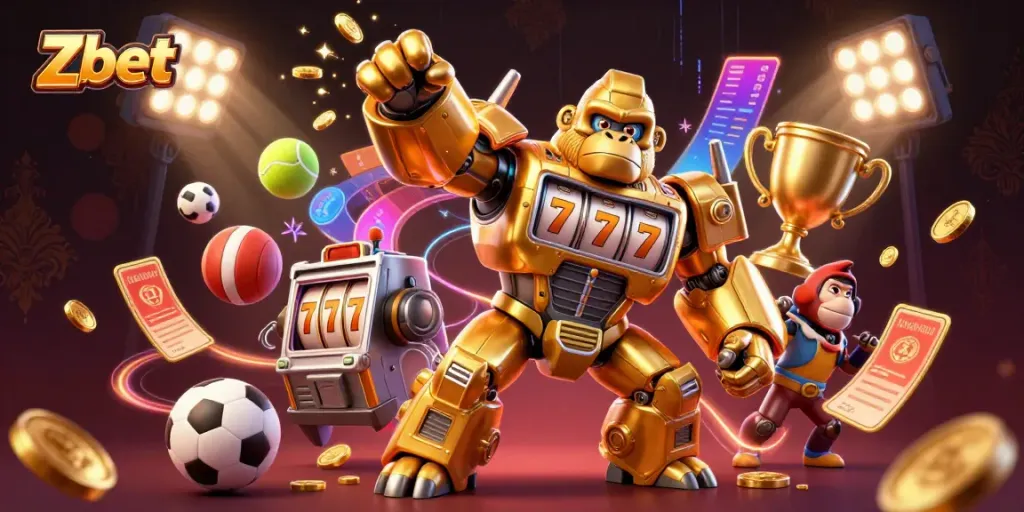 Witness Zbet's thrilling gaming adventure with a dynamic golden mech amidst an electrifying casino atmosphere.