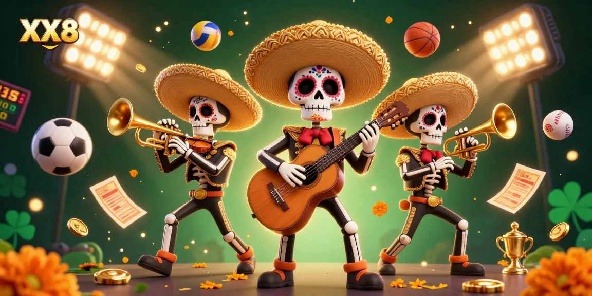 Engage in thrilling gambling action at XX88 with a vibrant 3D casino illustration showcasing lively mariachi characters and dynamic sports elements.
