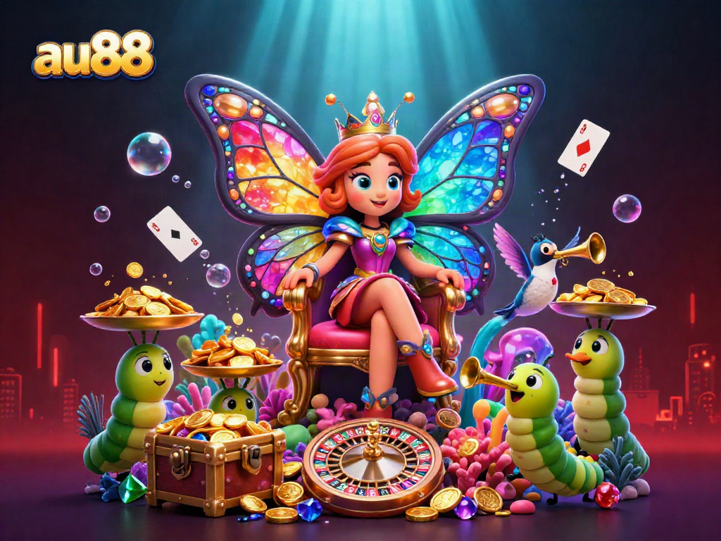 Experience thrilling moments at au88 with vibrant casino-themed characters, gold coins, and treasure.