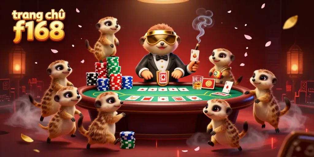 Experience the thrilling atmosphere of trang chủ f168 as meerkats manage a lively casino with poker tables and chip towers.