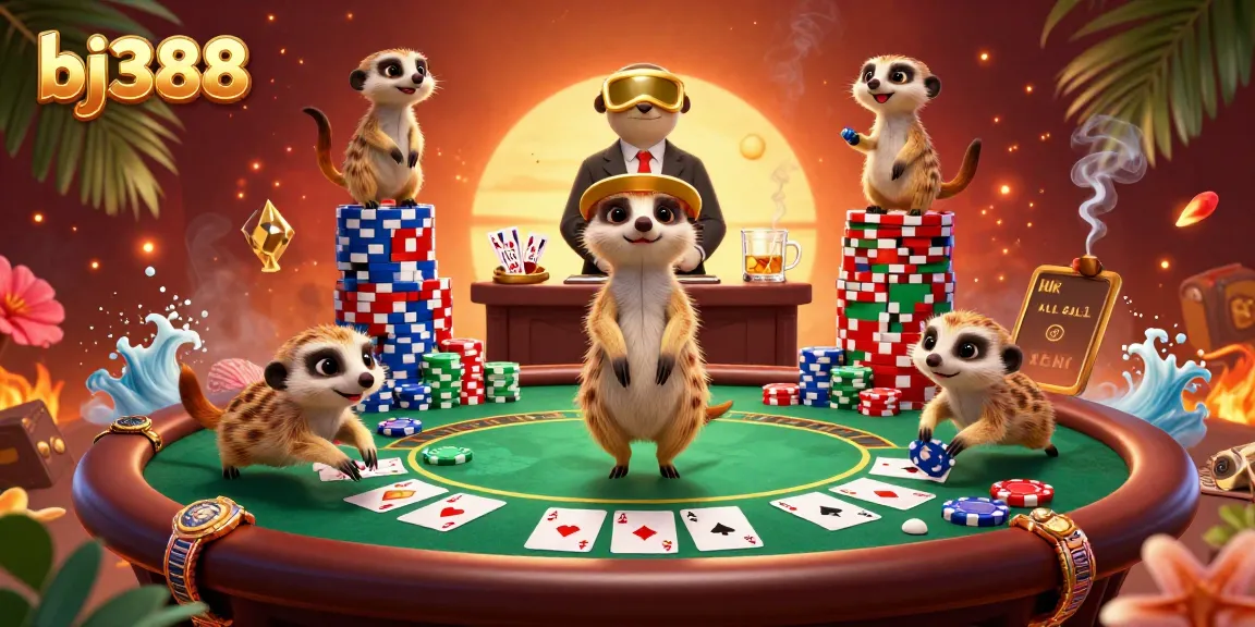 Experience exhilarating gameplay at bj388 with meerkats managing a vibrant casino operation, showcasing poker action.