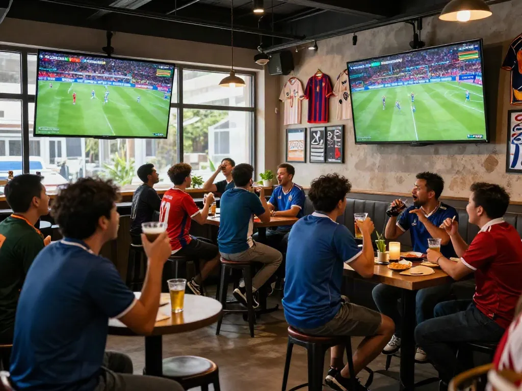Thapcamtv fans enjoying live football match in a vibrant sports bar.