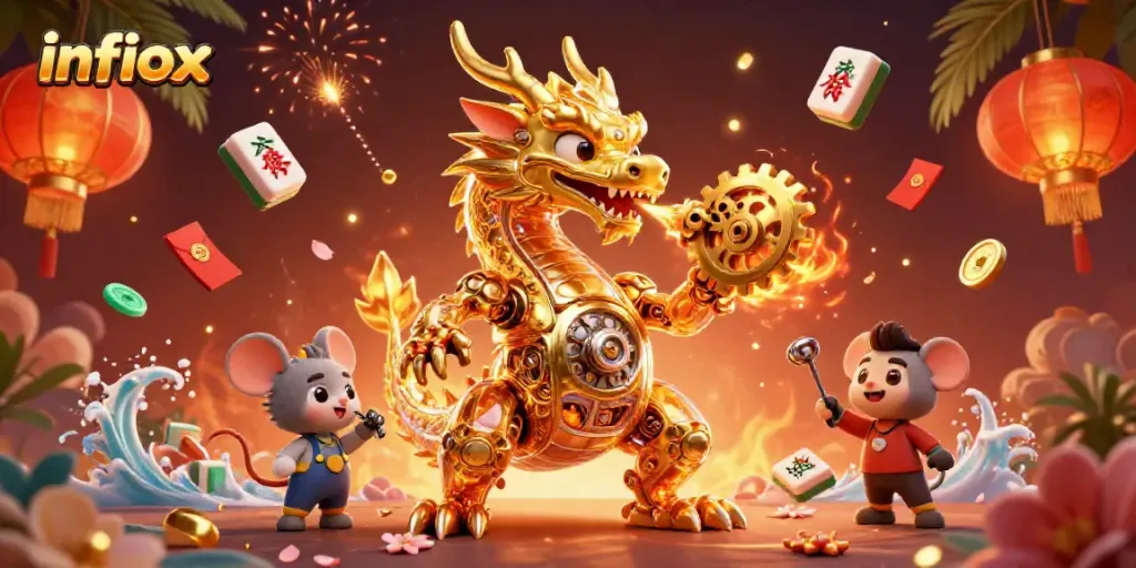 Experience the excitement of infiox with a captivating 3D dragon illustration featuring engaging casino elements.