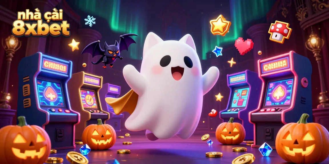 Engage with nhà cái 8xbet in this vibrant, captivating casino scene featuring a ghost cat and arcade elements!