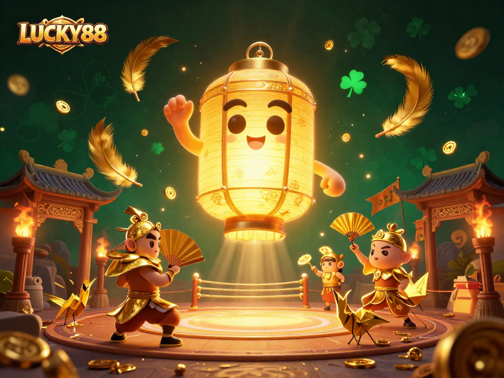 Experience the dynamic LUCKY88 gaming ambiance with golden lantern spirits and vibrant casino elements.
