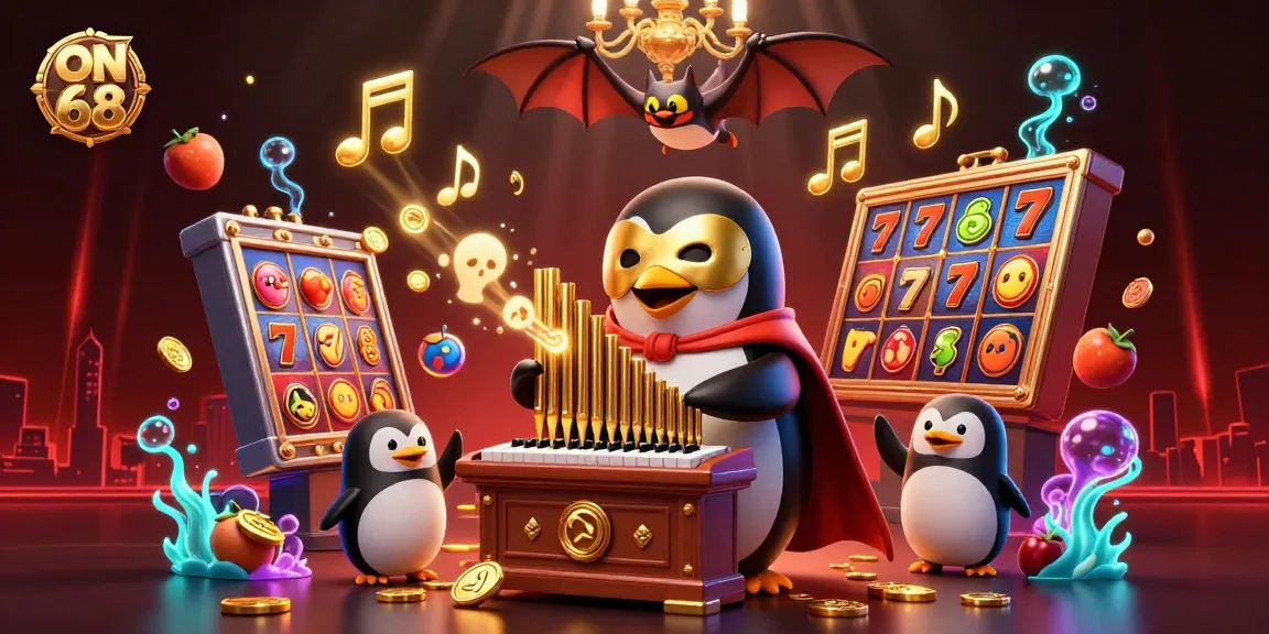 Experience the excitement of ON 68 with an ornate scene featuring a phantom penguin playing music in a vibrant casino environment.