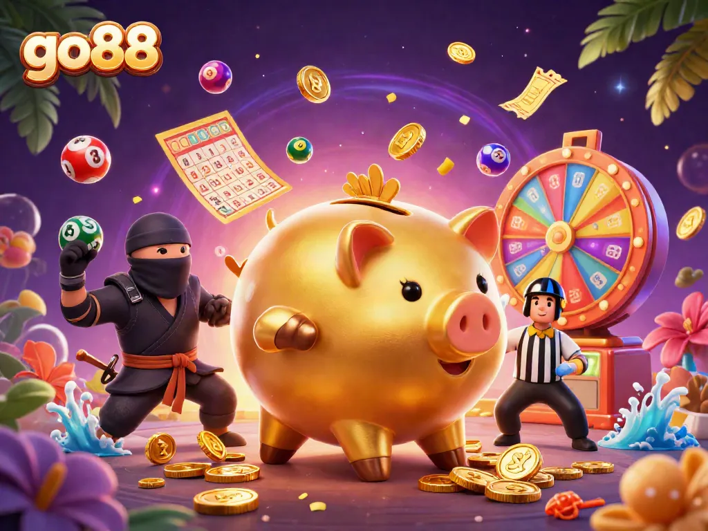 Win big at go88 with a vibrant scene of a golden piggy bank sumo wrestler amidst colorful lottery elements, perfect for gamblers.