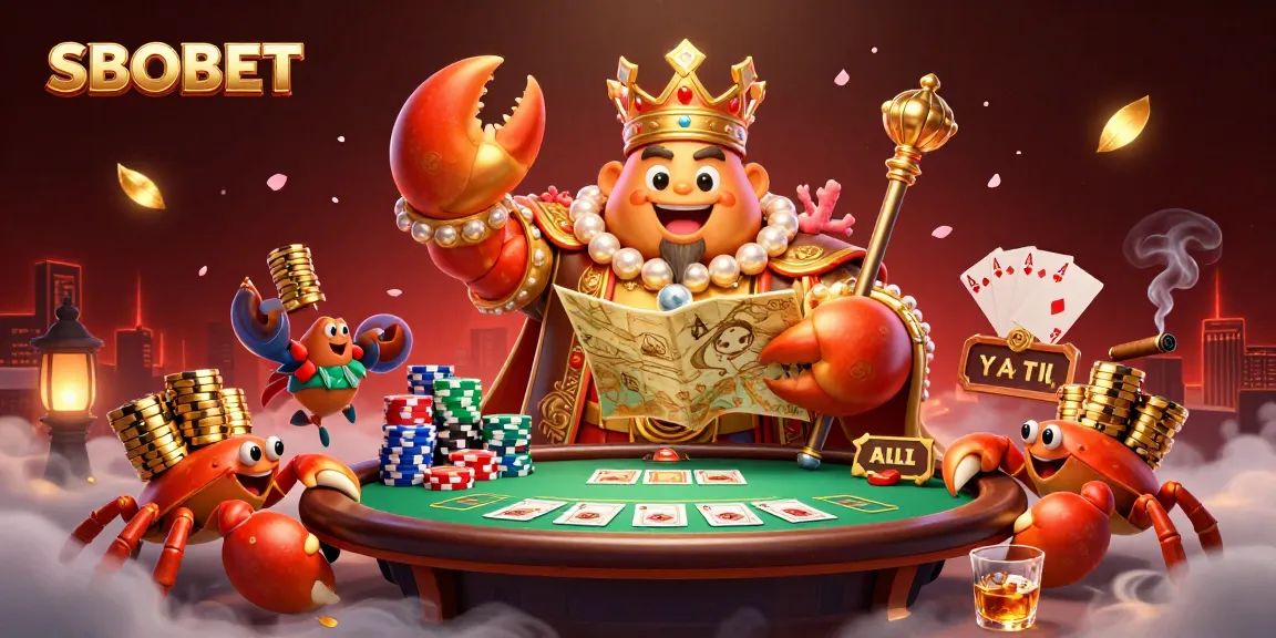 SBOBET showcases a massive golden crab emperor amidst dynamic poker elements, captivating gamblers.