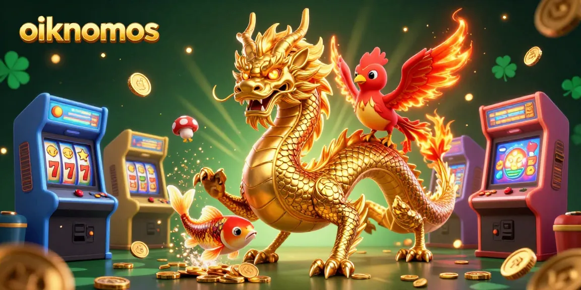 Experience the thrill of oikonomos with a vibrant 3D casino scene featuring lucky symbols and dynamic gaming elements.