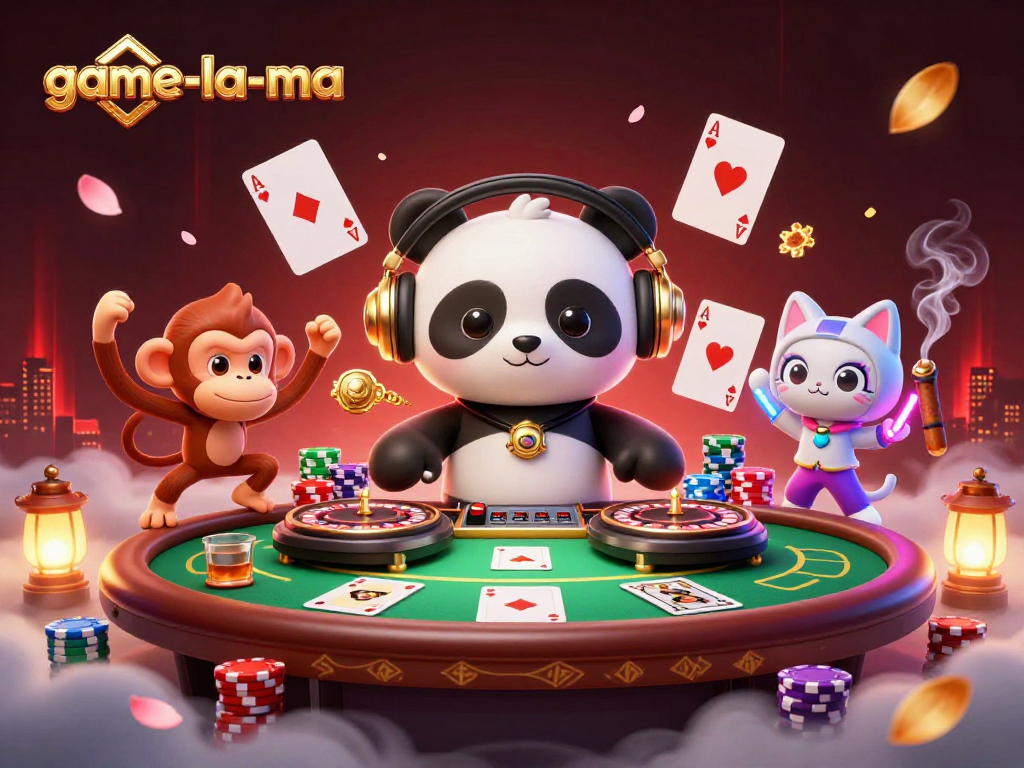 Experience vibrant gaming action at game-la-ma with a DJ panda, dancing monkey, and rave kitten.