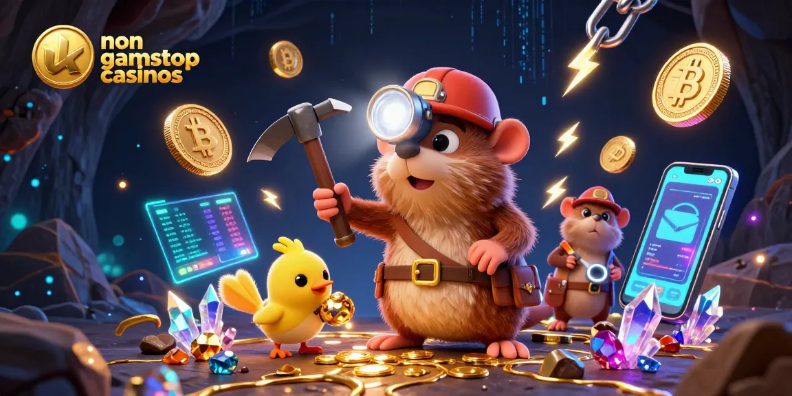Experience exciting gameplay at uk non gamstop casinos with a vibrant illustration of treasure hunters unearthing gems amidst neon crypto elements.