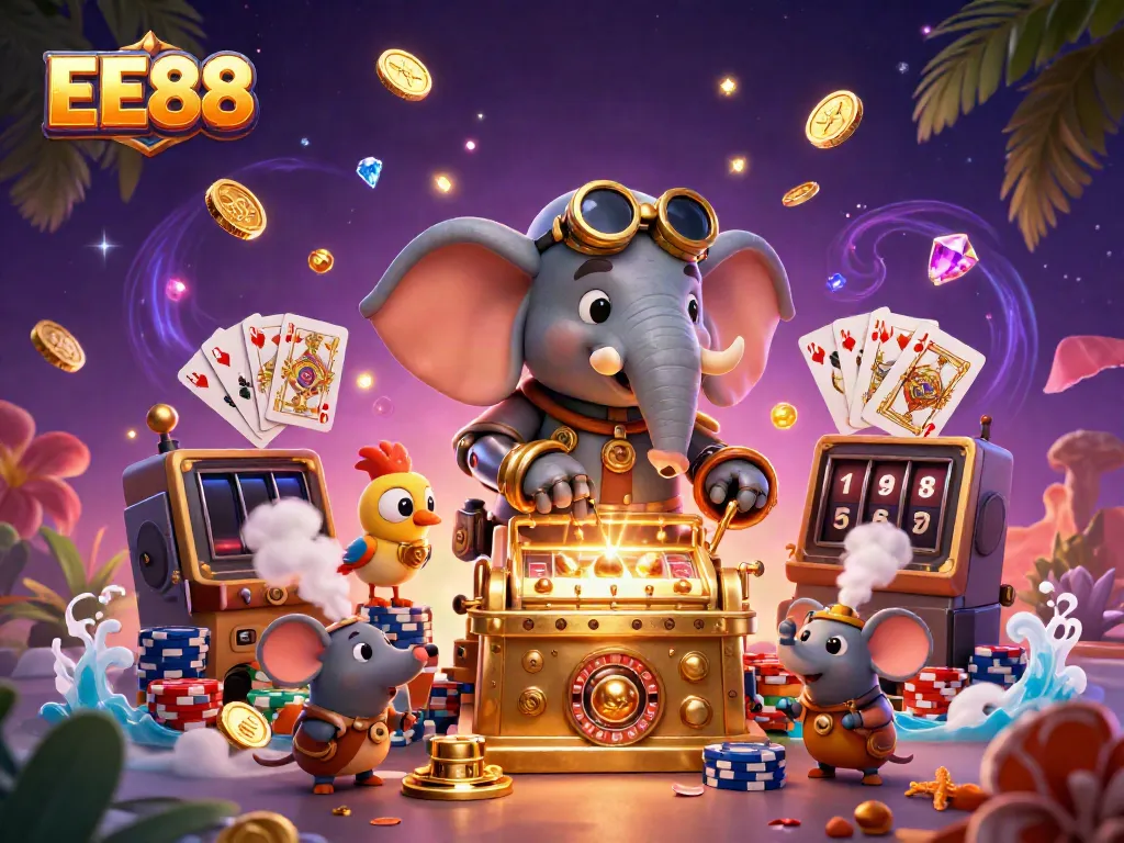 Experience the online gaming thrill at EE88 with a vibrant steampunk scene filled with slots and winning symbols.