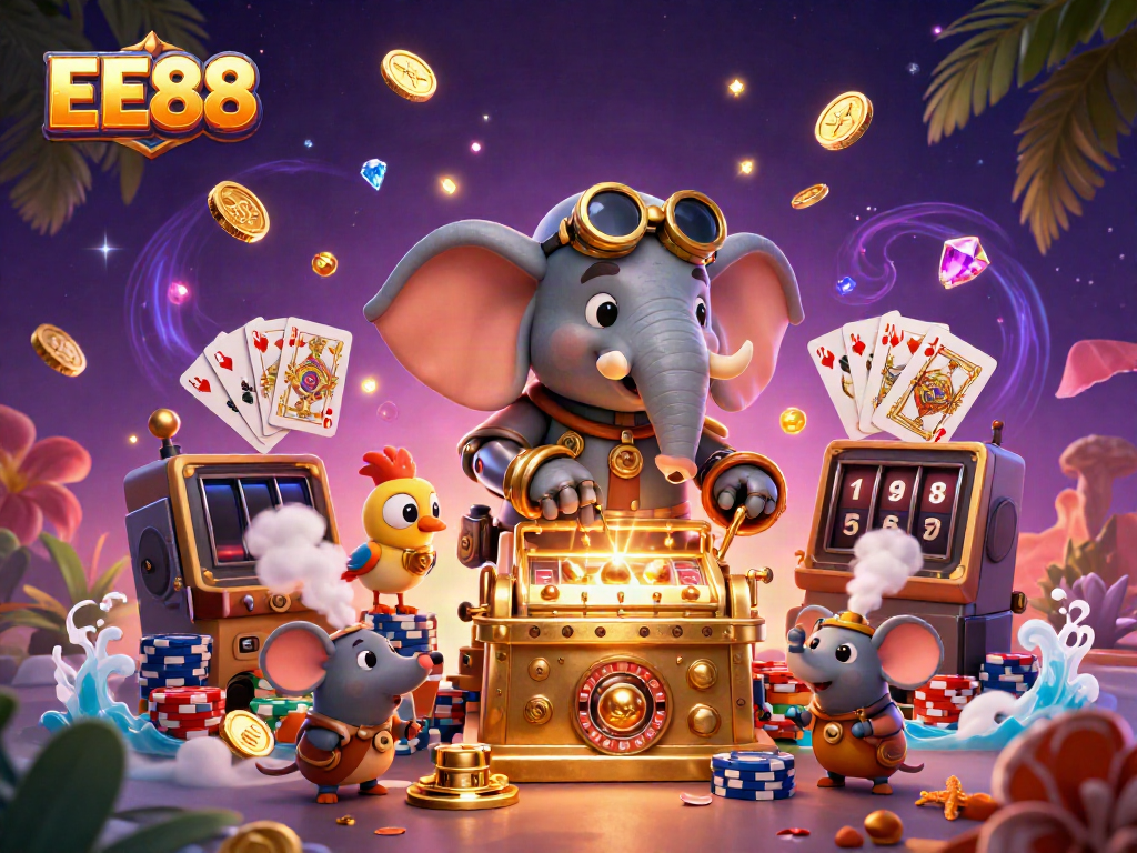 Experience the online gaming thrill at EE88 with a vibrant steampunk scene filled with slots and winning symbols.