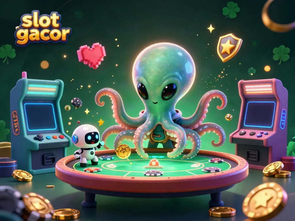 Engage in the vibrant world of slot gacor with an alien octopus at a holographic poker table.