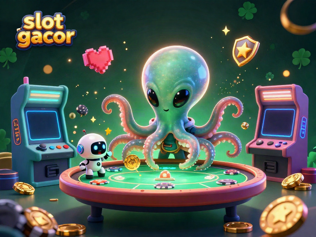 Engage in the vibrant world of slot gacor with an alien octopus at a holographic poker table.