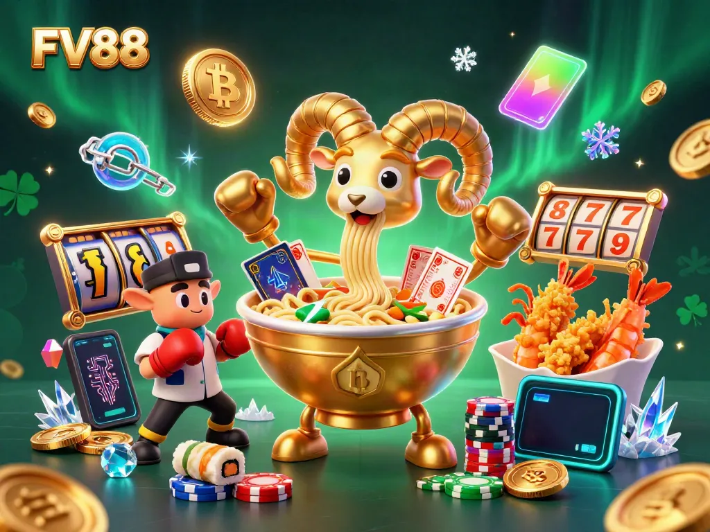 Experience thrilling gameplay with FV88 featuring a giant golden ramen bowl and vibrant casino elements.