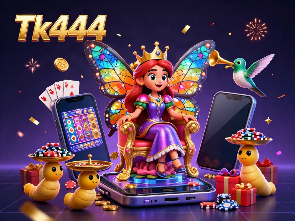 Experience Tk444 with a stunning 3D casino scene featuring vibrant games, golden tokens, and a butterfly queen.