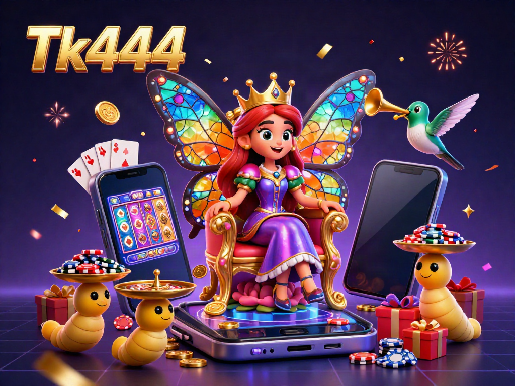 Experience Tk444 with a stunning 3D casino scene featuring vibrant games, golden tokens, and a butterfly queen.