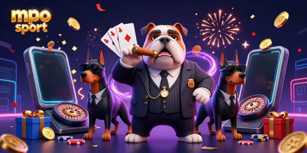 Experience the excitement of mpo sport with a mafia bulldog and Dobermans amidst casino elements.