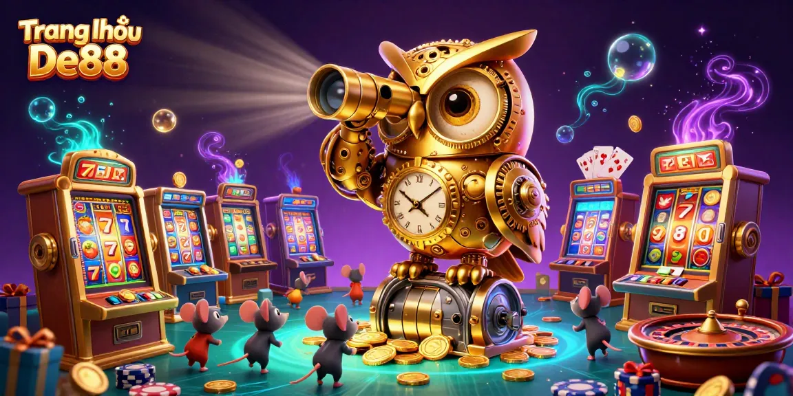 Experience excitement at Trang chủ De88 with vibrant 3D casino imagery showcasing slot games, cards, and golden coins.