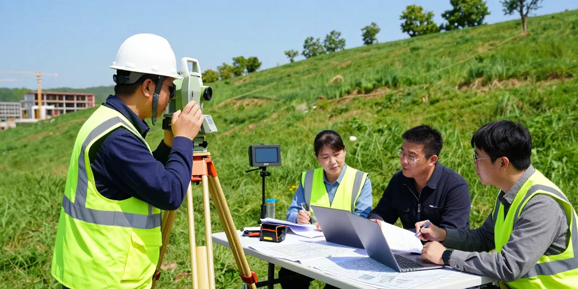 Land surveyors Surrey conducting topographical survey with advanced equipment in natural outdoor setting.