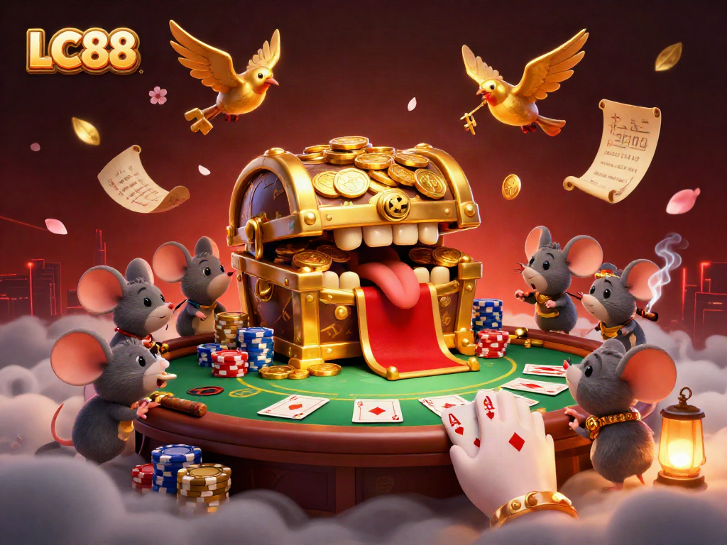 Engaging scene with LC88 showcasing a golden treasure chest and poker elements, attracting adventurous players.