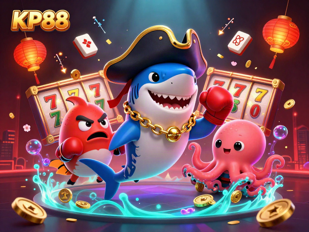 Engage with exciting slot reels and characters at KP88 in a vibrant casino scene.