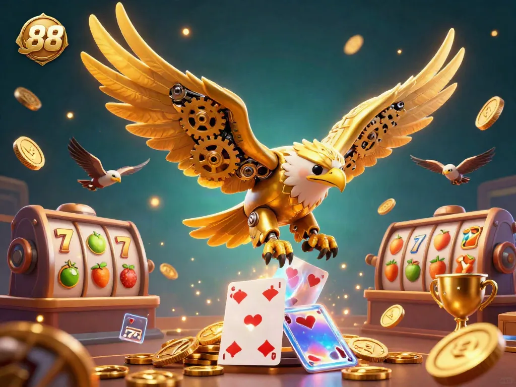 Experience thrilling gameplay at go 88 with a golden eagle amidst flying slot reels and vibrant symbols.