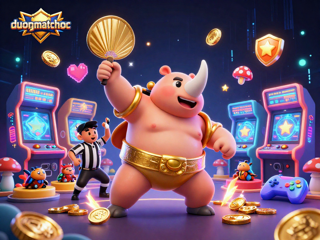 Experience the thrilling duongmatchuoc casino game with a vibrant colorful illustration of beetle champions and glowing prizes.