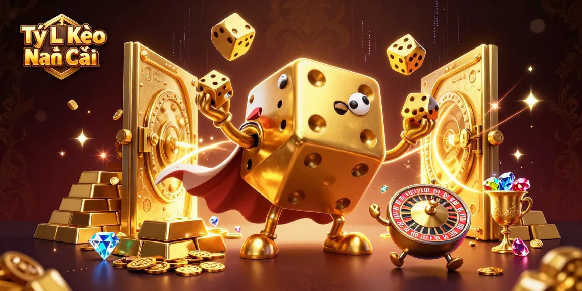 Tỷ Lệ Kèo Nhà Cái showcases a dynamic 3D casino scene with golden dice characters and treasure elements.