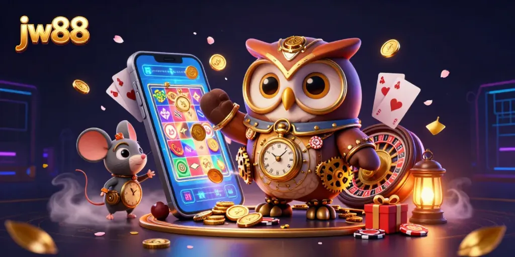 Spin to win at jw88 with a steampunk owl and dynamic casino elements illuminating the game.