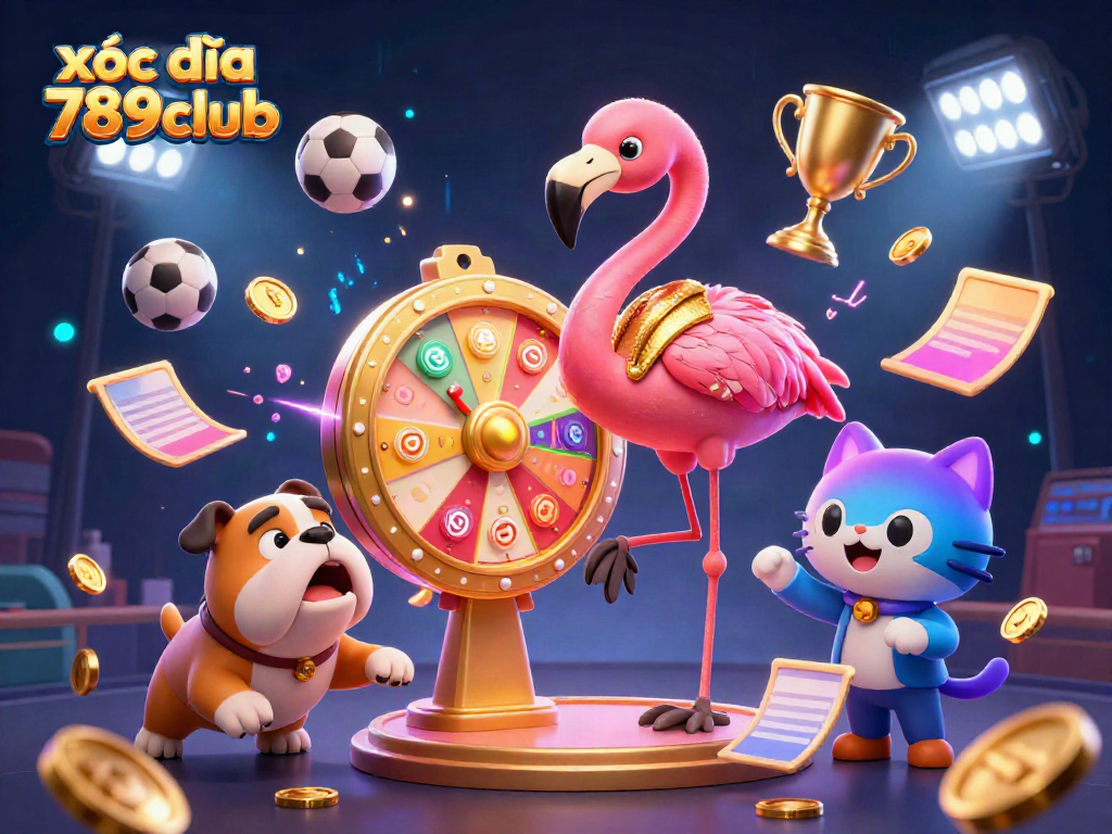 Exciting 3D scene featuring xóc đĩa 789club characters celebrating around a golden prize wheel