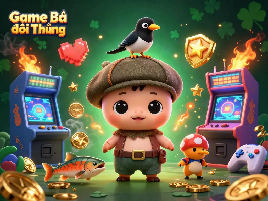 Experience the thrill of Game Bài Đổi Thưởng with playful characters and vibrant gaming elements.
