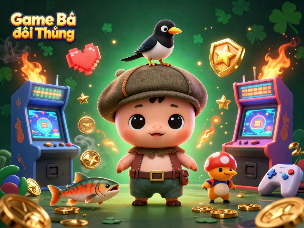 Experience the thrill of Game Bài Đổi Thưởng with playful characters and vibrant gaming elements.