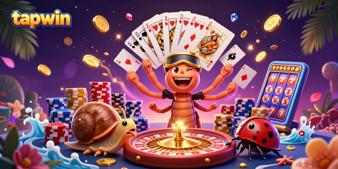 Experience excitement at tapwin with animated characters in a vibrant casino scene featuring cards and chips.