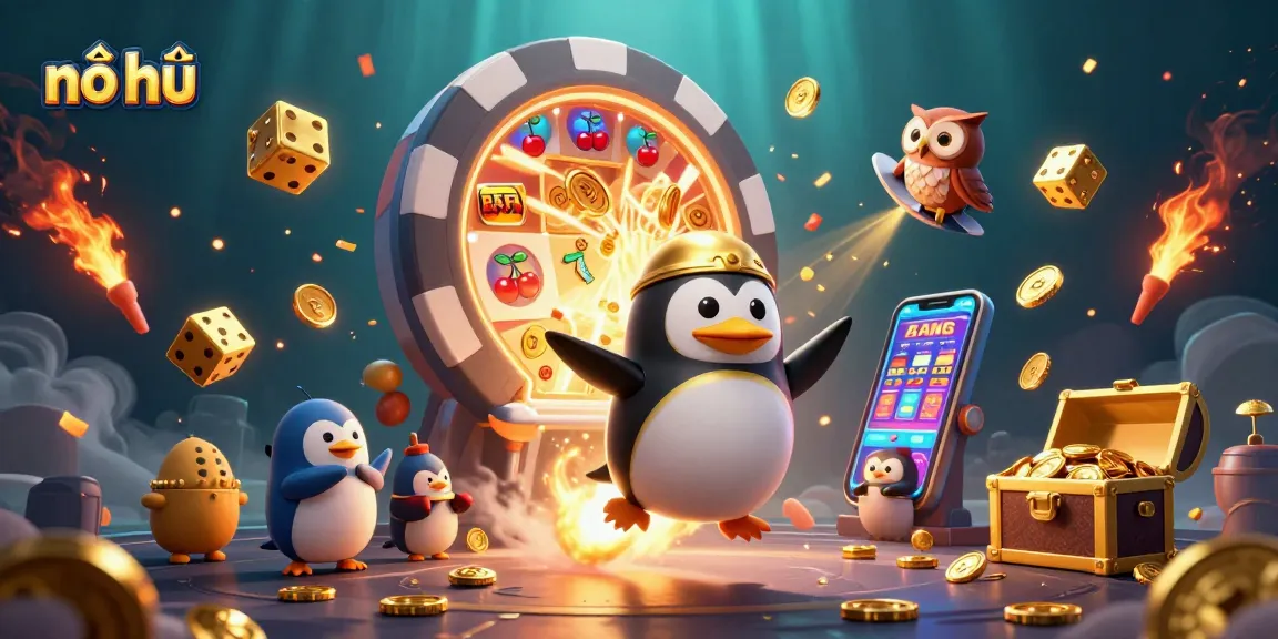 Experience nổ hũ action with a dazzling golden penguin soaring past vibrant casino elements in space.