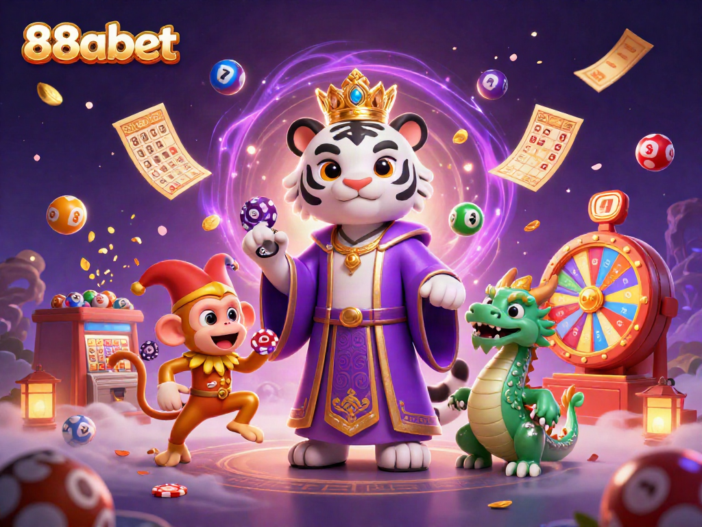Experience the vibrant world of 88abet with a royal tiger, playful monkey, and lively elements of gambling excitement.